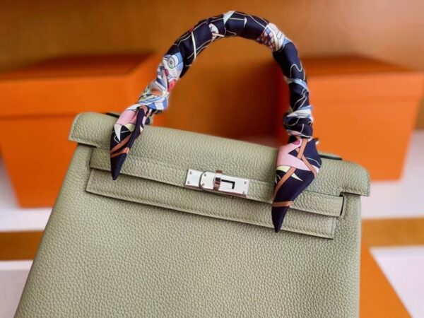 H Factory Bags Kelly Togo Leather sage green Silver Hardware 25cm Full Handmade