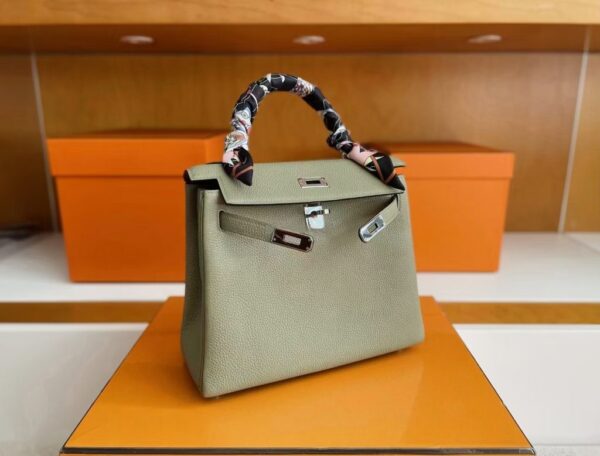 H Factory Bags Kelly Togo Leather sage green Silver Hardware 25cm Full Handmade