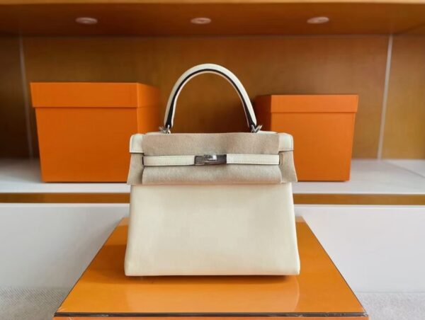 H Factory Bags Kelly Togo Leather Cream White Silver Hardware 25cm Full Handmade