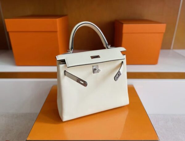 H Factory Bags Kelly Togo Leather Cream White Silver Hardware 25cm Full Handmade