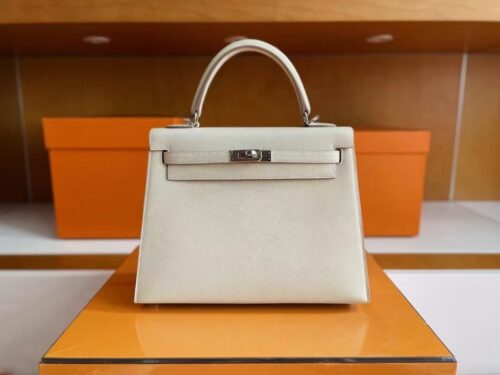 H Factory Bags Kelly Epsom Leather Cream White Silver Hardware 25cm Full Handmade
