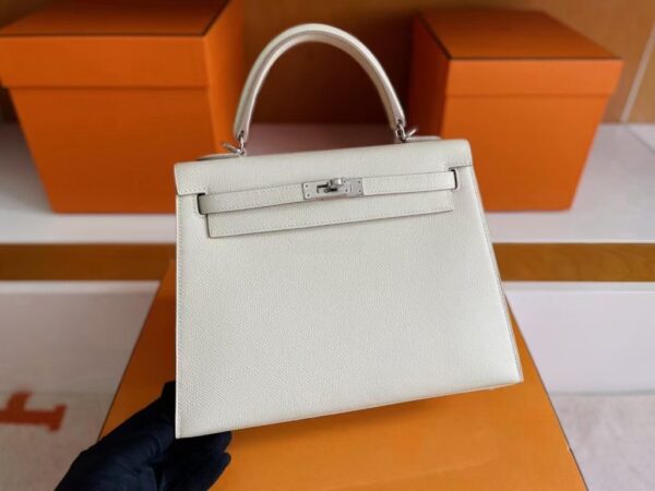 H Factory Bags Kelly Epsom Leather Cream White Silver Hardware 25cm Full Handmade