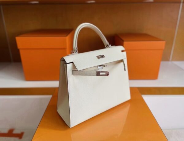 H Factory Bags Kelly Epsom Leather Cream White Silver Hardware 25cm Full Handmade