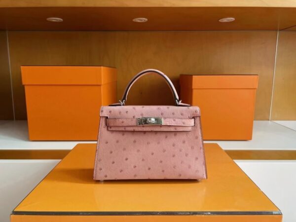 H Factory Bags Mini Kelly Ostrich Leather Dark Pink Silver Hardware 19cm Full Handmade