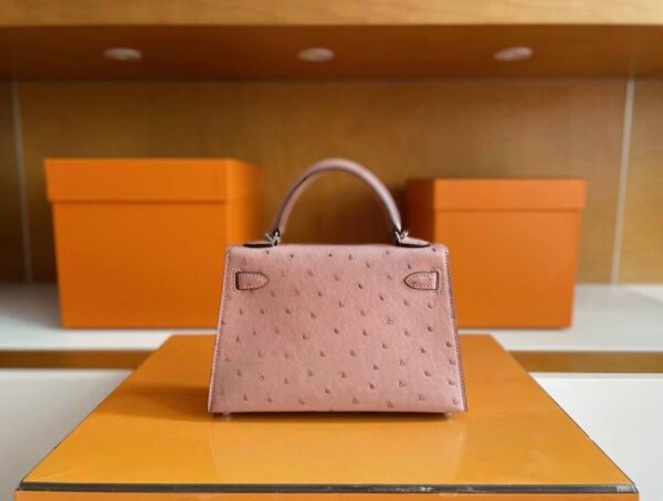 H Factory Bags Mini Kelly Ostrich Leather Dark Pink Silver Hardware 19cm Full Handmade
