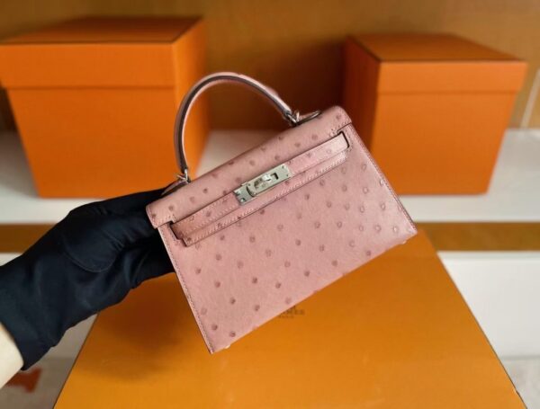 H Factory Bags Mini Kelly Ostrich Leather Dark Pink Silver Hardware 19cm Full Handmade