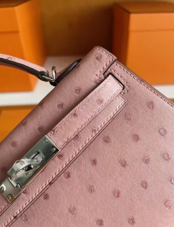 H Factory Bags Mini Kelly Ostrich Leather Dark Pink Silver Hardware 19cm Full Handmade