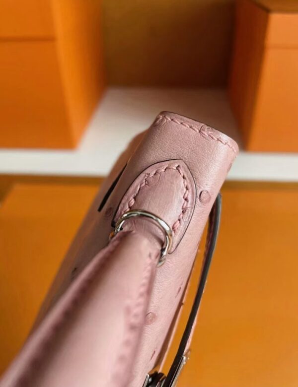 H Factory Bags Mini Kelly Ostrich Leather Dark Pink Silver Hardware 19cm Full Handmade