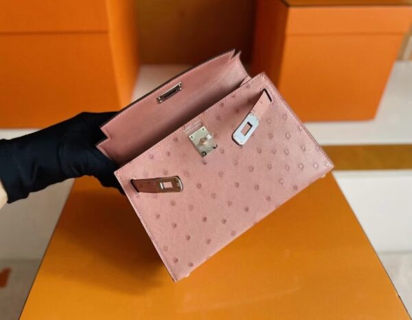 H Factory Bags Mini Kelly Ostrich Leather Dark Pink Silver Hardware 19cm Full Handmade