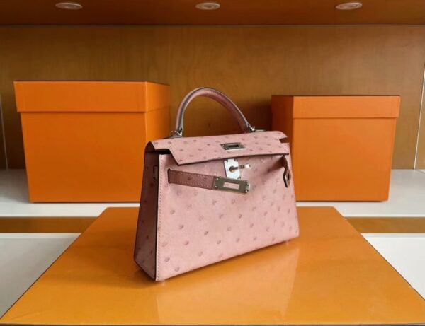 H Factory Bags Mini Kelly Ostrich Leather Dark Pink Silver Hardware 19cm Full Handmade