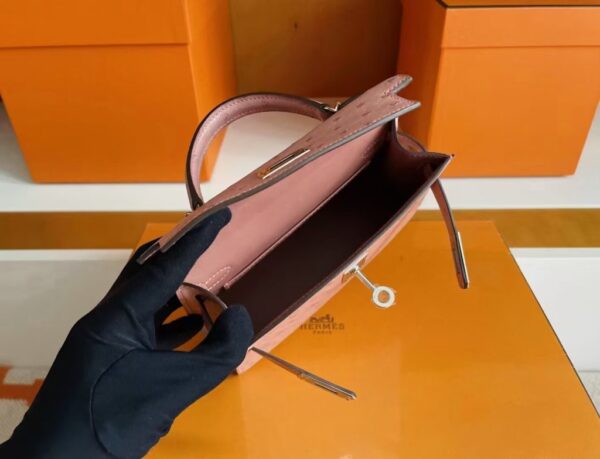 H Factory Bags Mini Kelly Ostrich Leather Dark Pink Silver Hardware 19cm Full Handmade