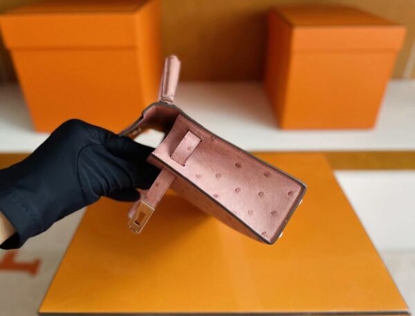 H Factory Bags Mini Kelly Ostrich Leather Dark Pink Silver Hardware 19cm Full Handmade