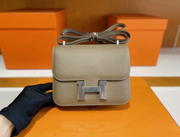 H Factory Bags Constance Epsom Leather Etoupe Grey Silver Hardware 18cm Full Handmade