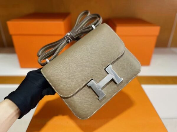 H Factory Bags Constance Epsom Leather Etoupe Grey Silver Hardware 18cm Full Handmade