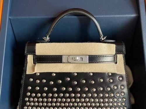 H Factory Bags Mini Kelly Shiny Box Leather Rivet Style Black Silver Hardware 19cm Full Handmade Phw