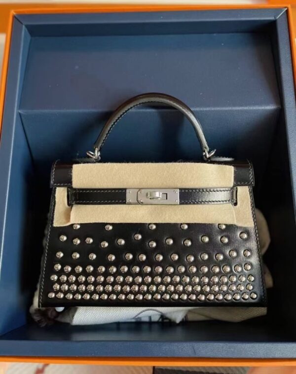 H Factory Bags Mini Kelly Shiny Box Leather Rivet Style Black Silver Hardware 19cm Full Handmade Phw