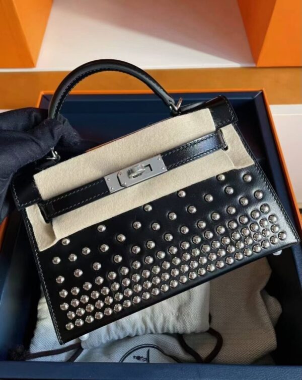 H Factory Bags Mini Kelly Shiny Box Leather Rivet Style Black Silver Hardware 19cm Full Handmade Phw