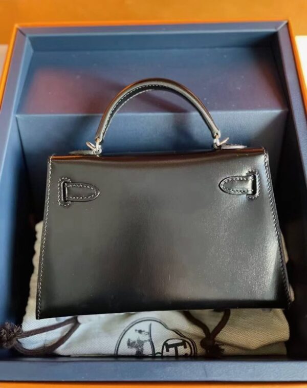 H Factory Bags Mini Kelly Shiny Box Leather Rivet Style Black Silver Hardware 19cm Full Handmade Phw