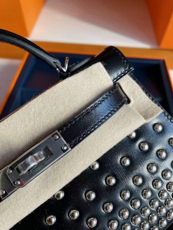 H Factory Bags Mini Kelly Shiny Box Leather Rivet Style Black Silver Hardware 19cm Full Handmade Phw
