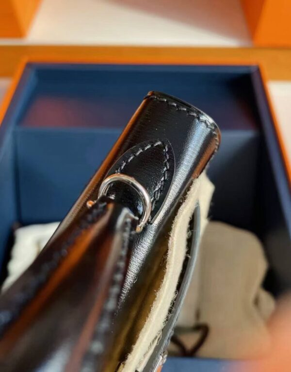 H Factory Bags Mini Kelly Shiny Box Leather Rivet Style Black Silver Hardware 19cm Full Handmade Phw