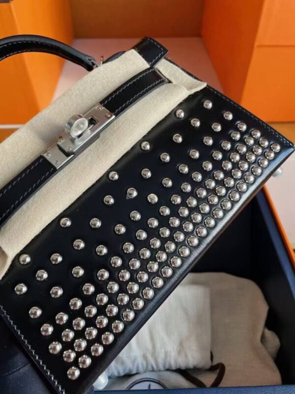 H Factory Bags Mini Kelly Shiny Box Leather Rivet Style Black Silver Hardware 19cm Full Handmade Phw