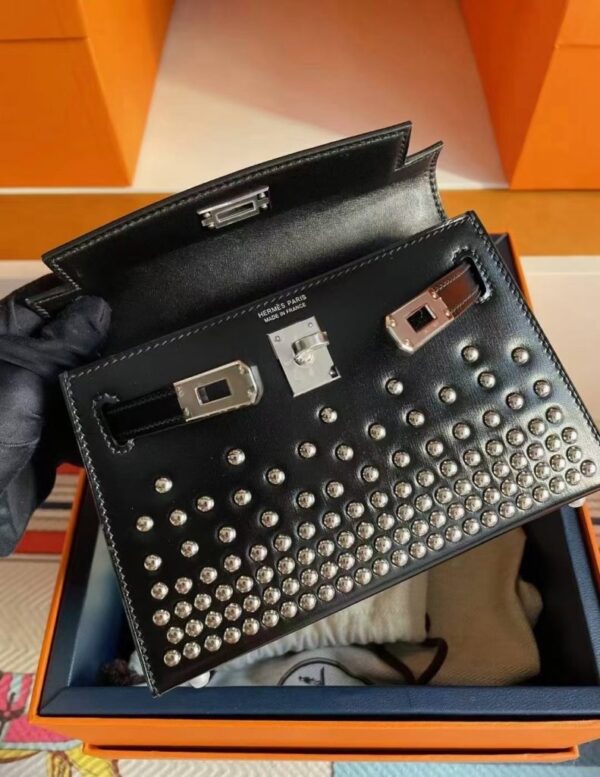H Factory Bags Mini Kelly Shiny Box Leather Rivet Style Black Silver Hardware 19cm Full Handmade Phw