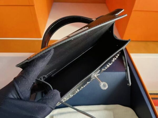 H Factory Bags Mini Kelly Shiny Box Leather Rivet Style Black Silver Hardware 19cm Full Handmade Phw