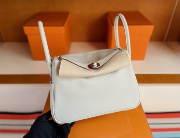 H Factory Bags Lindy Swift Leather M4 off white & Grey Silver Hardware 26cm Full Handmade Phw