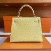 H Factory Bags Kelly Ostrich Leather Lemon Yellow Silver Hardware 25cm Full Handmade