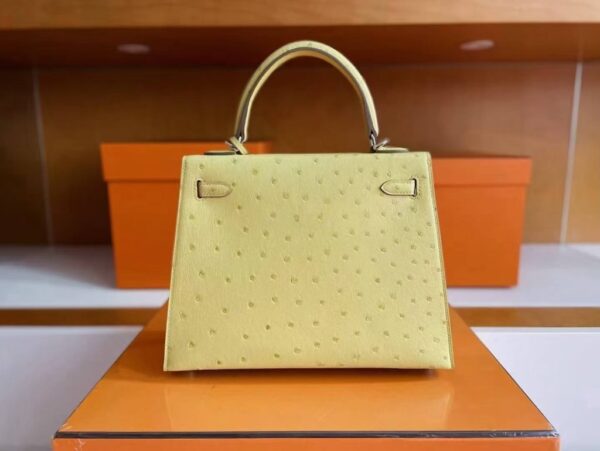 H Factory Bags Kelly Ostrich Leather Lemon Yellow Silver Hardware 25cm Full Handmade