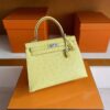 H Factory Bags Kelly Ostrich Leather Lemon Yellow Silver Hardware 25cm Full Handmade