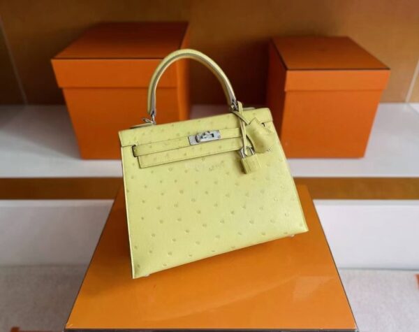 H Factory Bags Kelly Ostrich Leather Lemon Yellow Silver Hardware 25cm Full Handmade