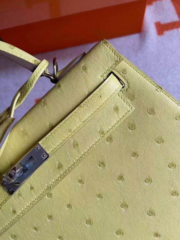 H Factory Bags Kelly Ostrich Leather Lemon Yellow Silver Hardware 25cm Full Handmade