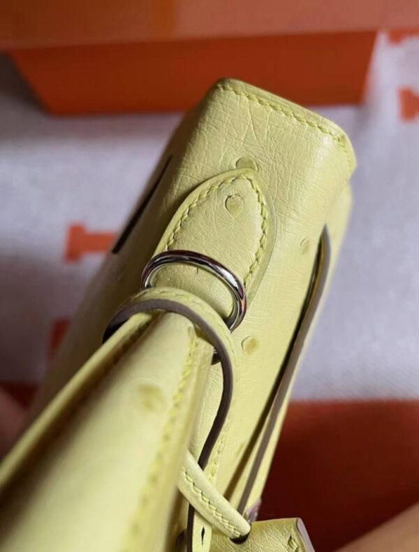 H Factory Bags Kelly Ostrich Leather Lemon Yellow Silver Hardware 25cm Full Handmade