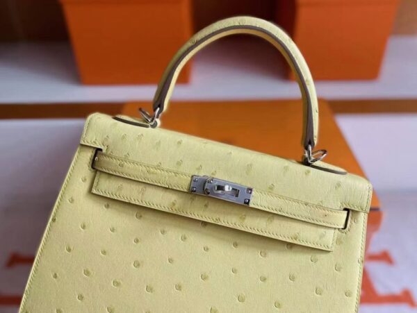 H Factory Bags Kelly Ostrich Leather Lemon Yellow Silver Hardware 25cm Full Handmade