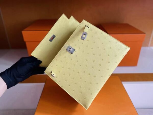 H Factory Bags Kelly Ostrich Leather Lemon Yellow Silver Hardware 25cm Full Handmade