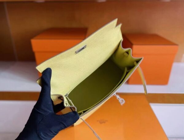 H Factory Bags Kelly Ostrich Leather Lemon Yellow Silver Hardware 25cm Full Handmade