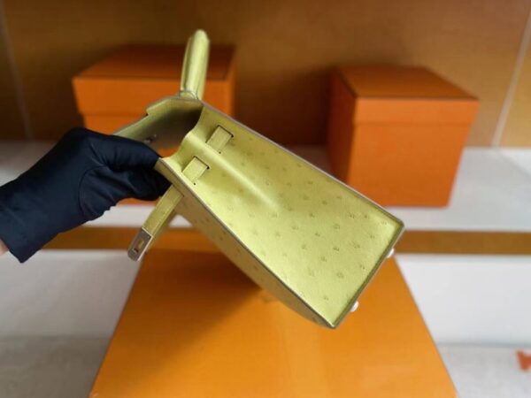 H Factory Bags Kelly Ostrich Leather Lemon Yellow Silver Hardware 25cm Full Handmade