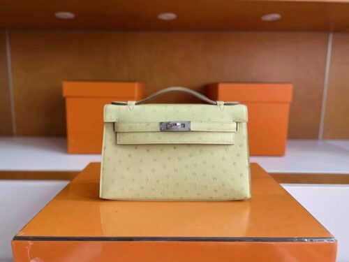 H Factory Bags Mini Kelly Pochette Ostrich Leather Light Yellow Silver Hardware 22cm Full Handmade