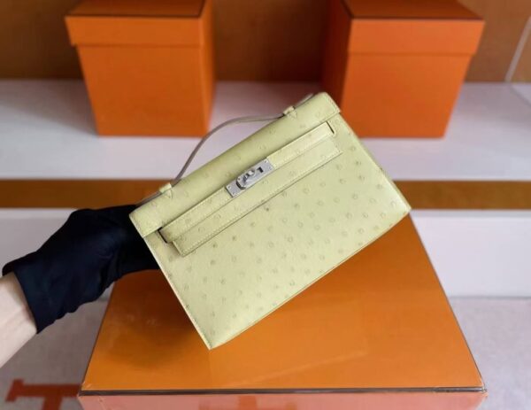 H Factory Bags Mini Kelly Pochette Ostrich Leather Light Yellow Silver Hardware 22cm Full Handmade