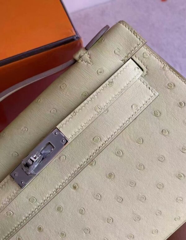 H Factory Bags Mini Kelly Pochette Ostrich Leather Light Yellow Silver Hardware 22cm Full Handmade