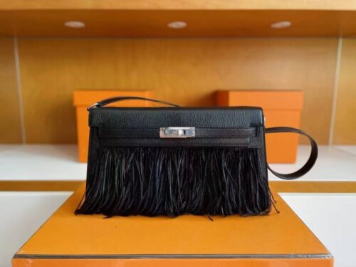 H Factory Bags Kelly Elan Chever Leather Black Silver Hardware 27cm Full Handmade