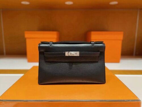 H Factory Bags Mini Kelly Pochette Swift Leather Black Silver Hardware 22cm Full Handmade