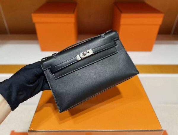 H Factory Bags Mini Kelly Pochette Swift Leather Black Silver Hardware 22cm Full Handmade