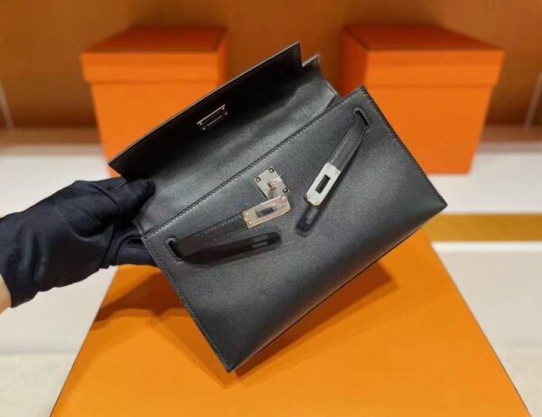 H Factory Bags Mini Kelly Pochette Swift Leather Black Silver Hardware 22cm Full Handmade