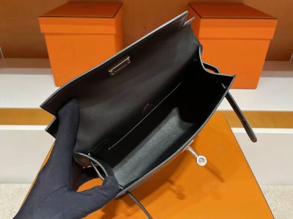 H Factory Bags Mini Kelly Pochette Swift Leather Black Silver Hardware 22cm Full Handmade