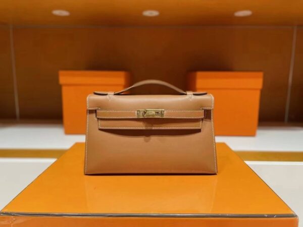 H Factory Bags Mini Kelly Pochette Swift Leather Golden Brown Gold Hardware 22cm Full Handmade