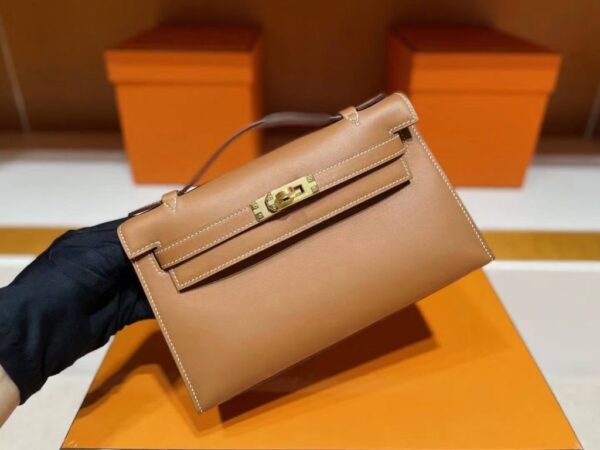 H Factory Bags Mini Kelly Pochette Swift Leather Golden Brown Gold Hardware 22cm Full Handmade