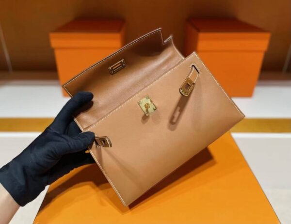 H Factory Bags Mini Kelly Pochette Swift Leather Golden Brown Gold Hardware 22cm Full Handmade
