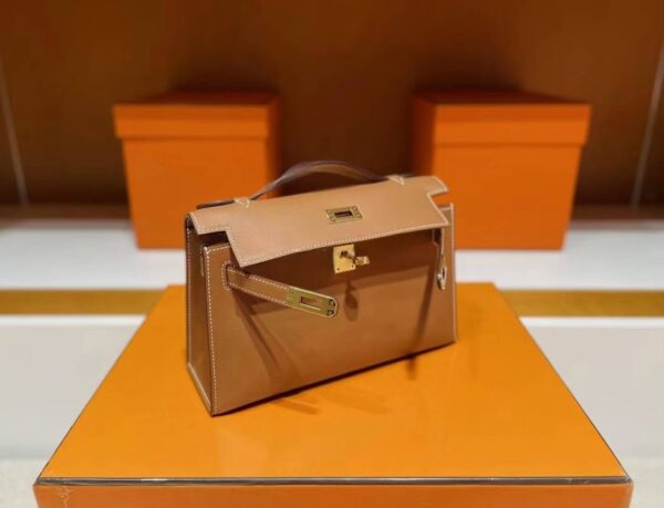 H Factory Bags Mini Kelly Pochette Swift Leather Golden Brown Gold Hardware 22cm Full Handmade